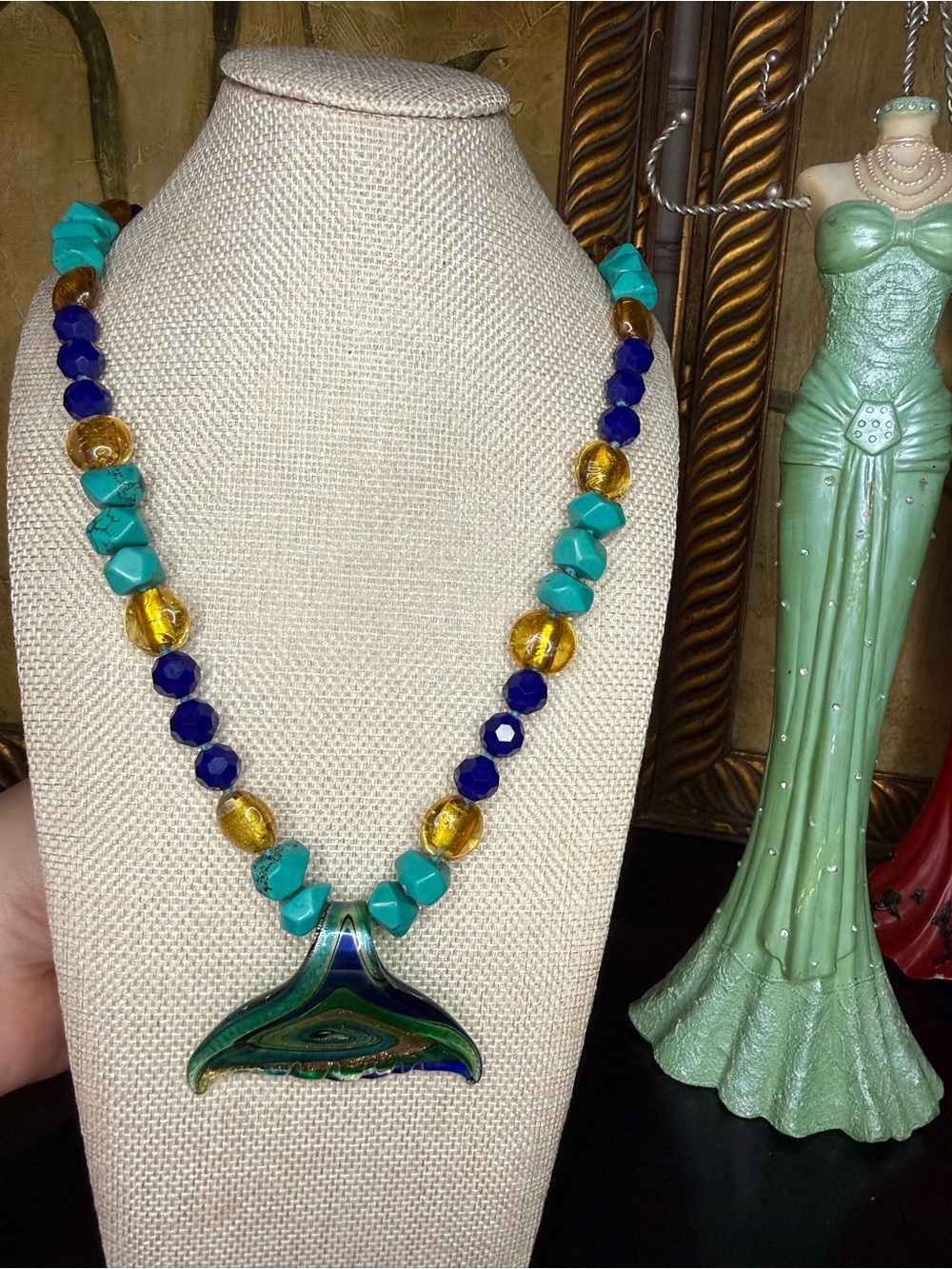 Handmade Whale Tail Pendant Necklace and Earrings Set in Blue, Green and Gold